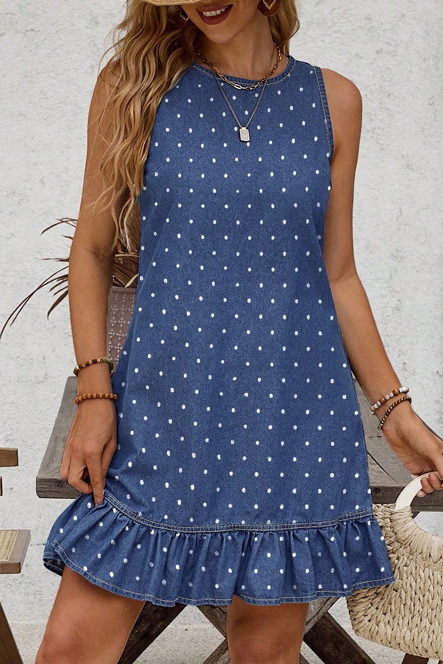 Blue Polka Dot Print Bow Detail Denim Dress