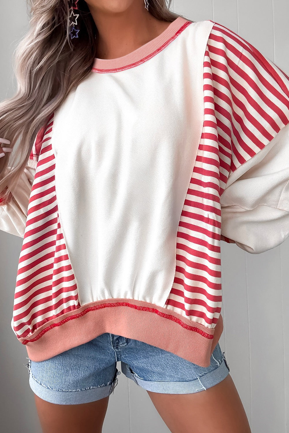 Red Stripe Colorblock Patchwork Contrast Stitching Oversize Sweatshirt