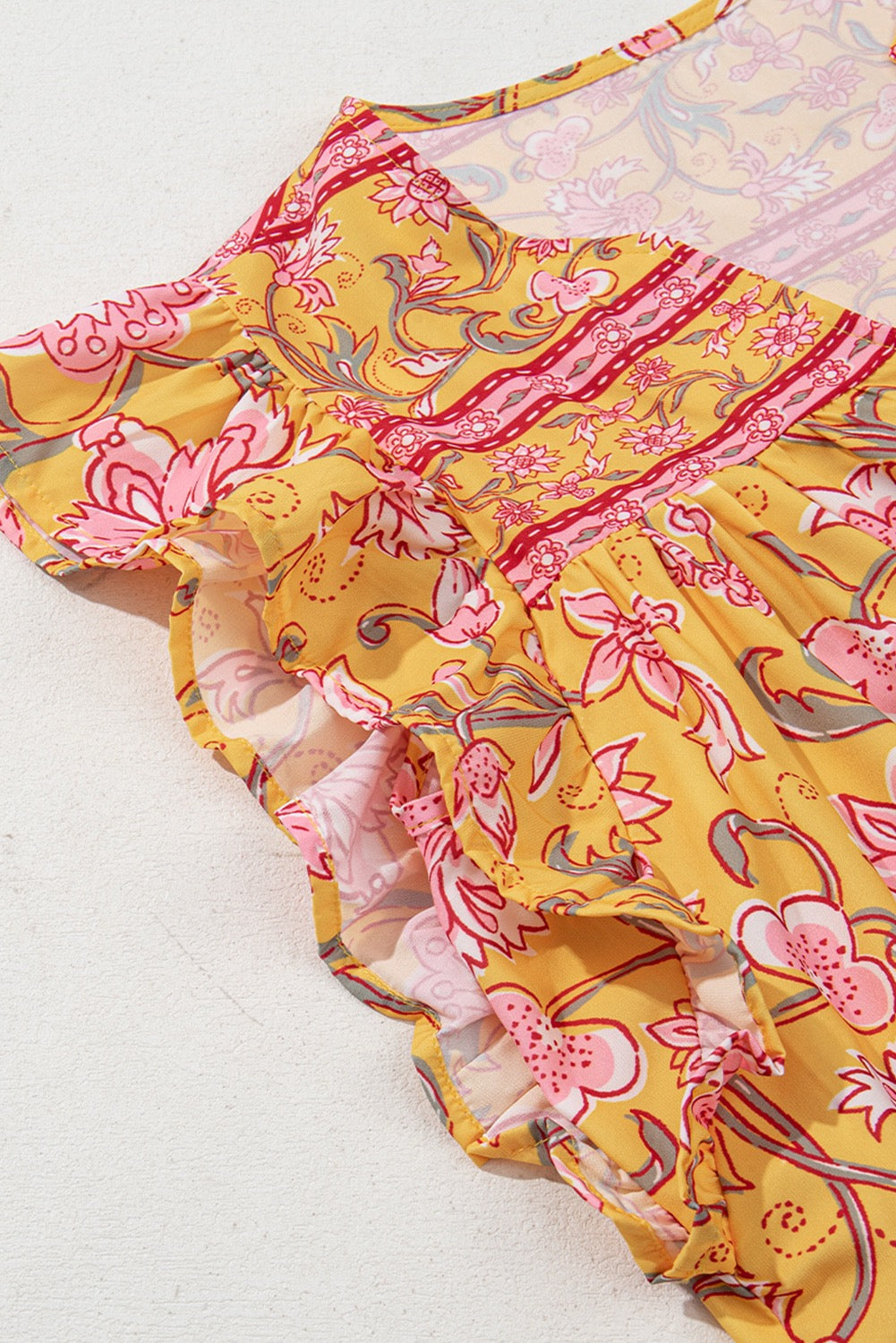 Yellow Floral Notched Neck Ruffled Sleeve Blouse