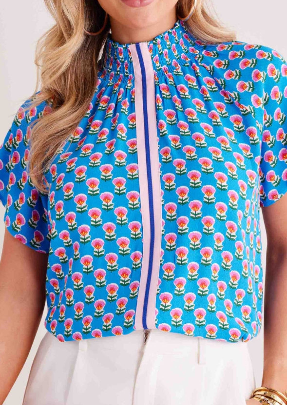 Blue Floral Stand Neck Short Skeeve Blouse