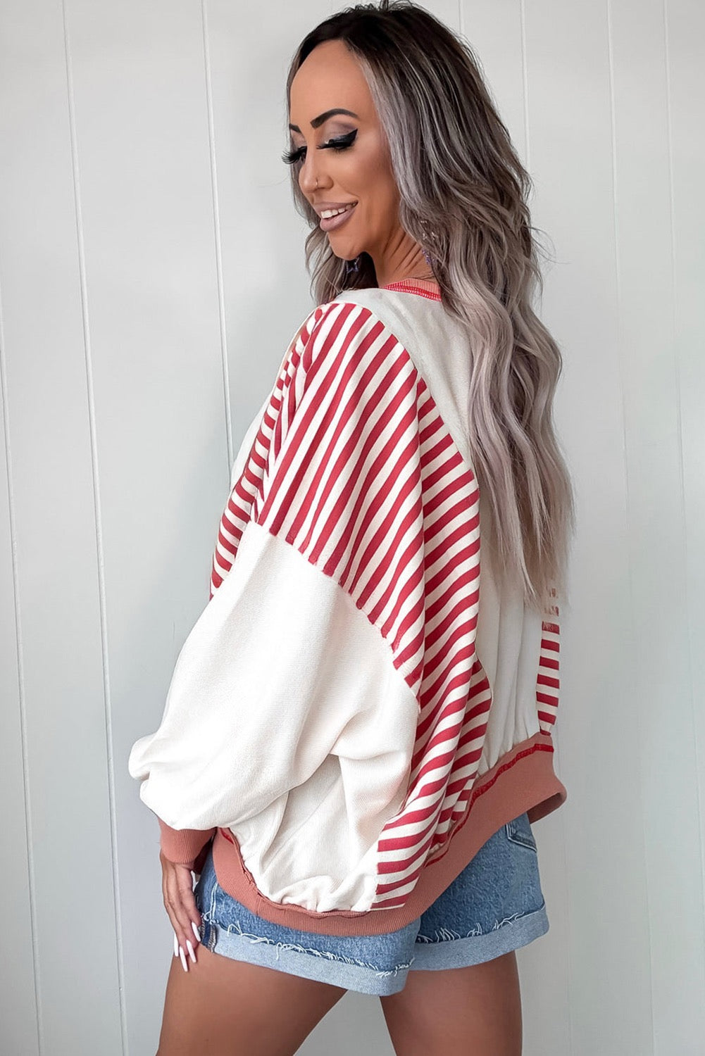 Red Stripe Colorblock Patchwork Contrast Stitching Oversize Sweatshirt