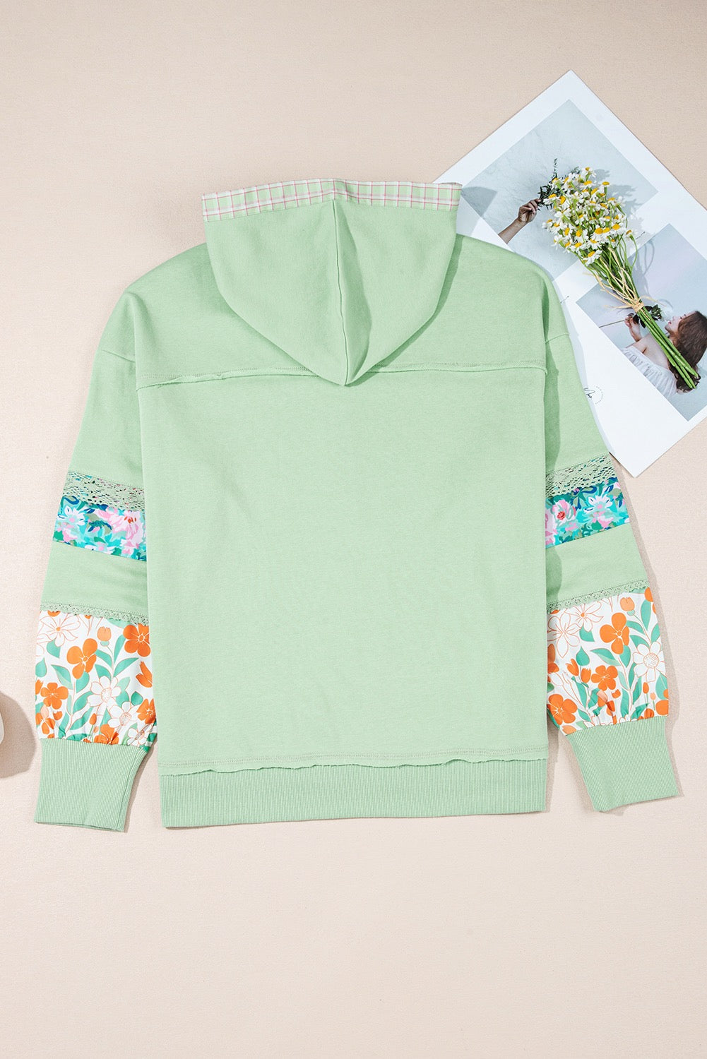 Clearly Aqua Lace Floral Patchwork Half Button Hooded Pullover