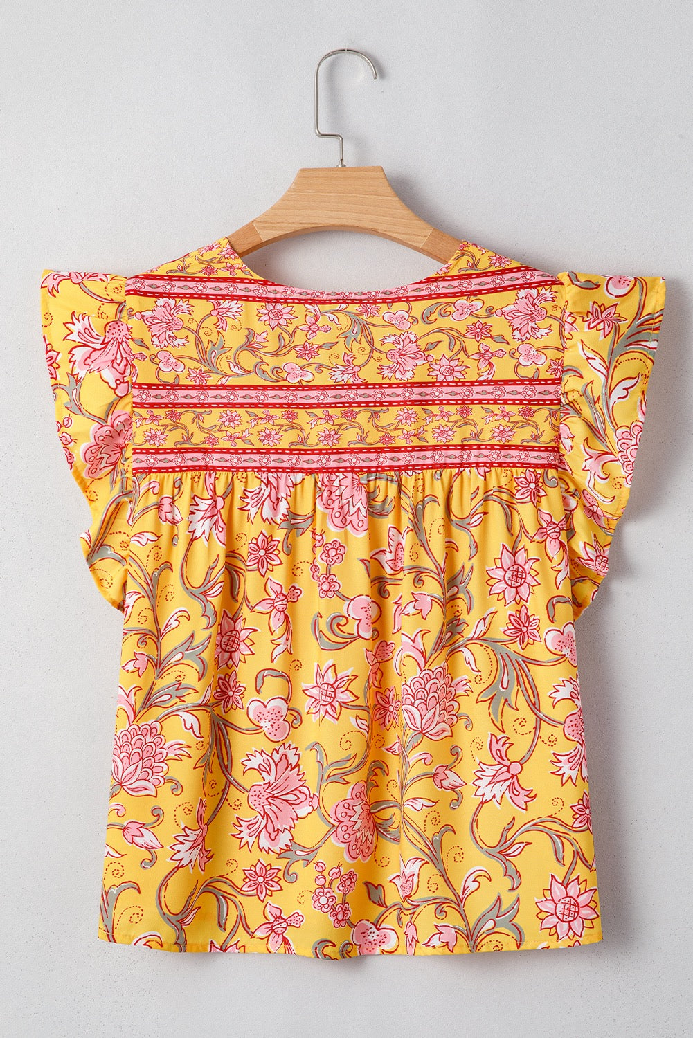 Yellow Floral Notched Neck Ruffled Sleeve Blouse