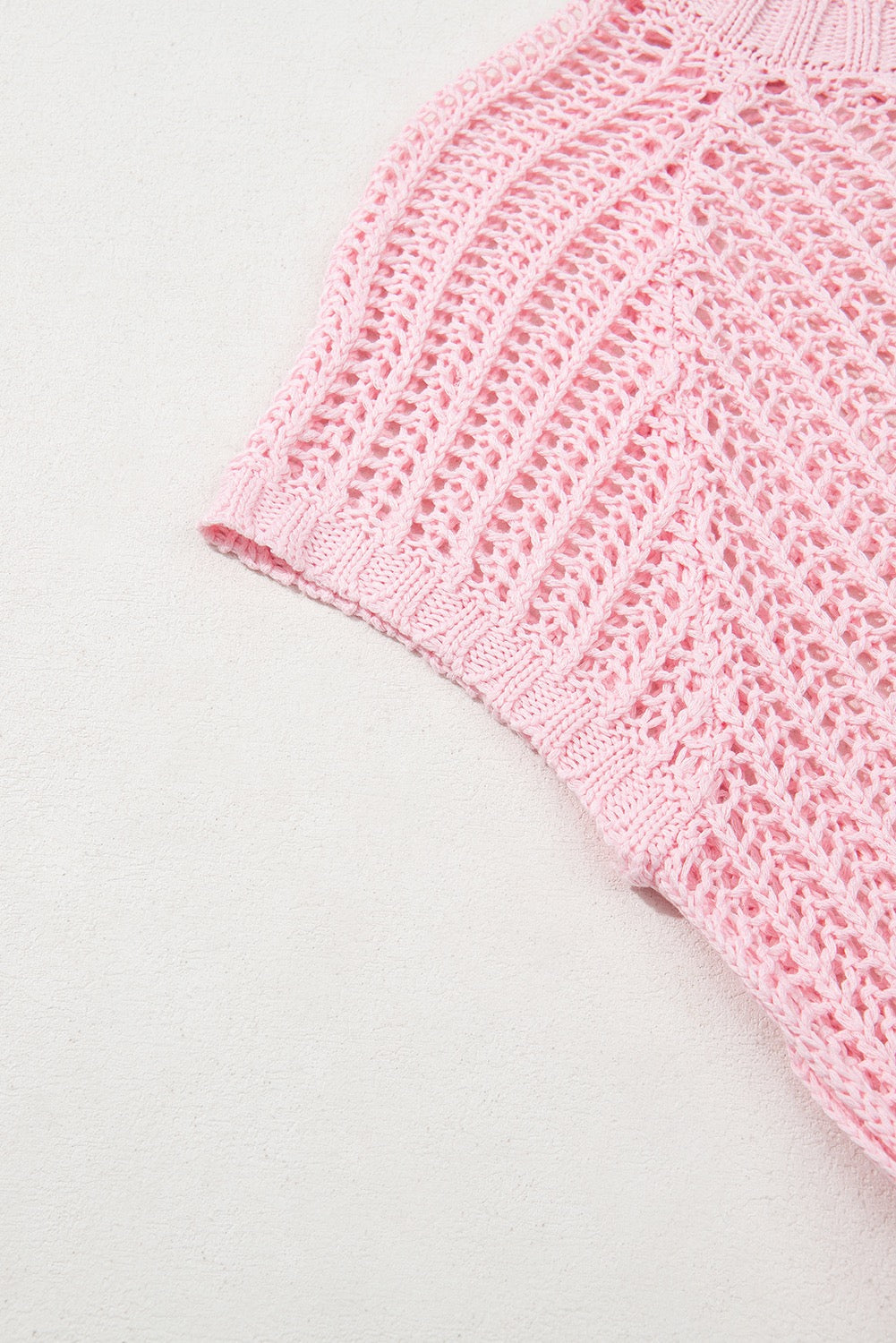 Pink Hollow-out Crochet Side Tied Short Sleeve Sweater