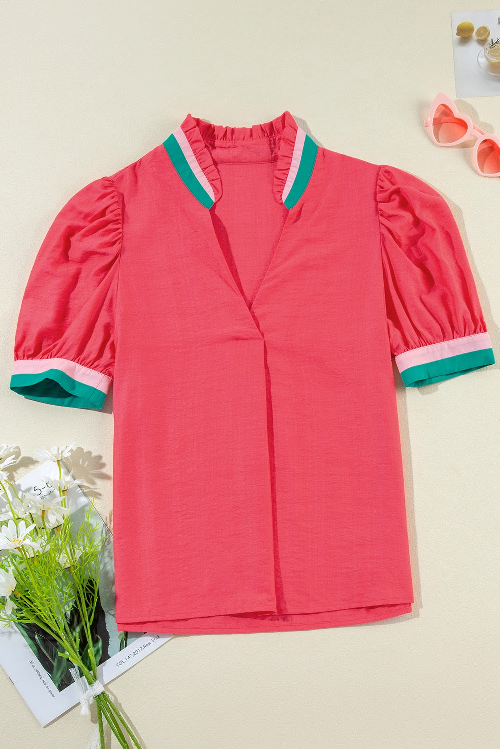 Carrott Colorful Trim Short Sleeve Blouse
