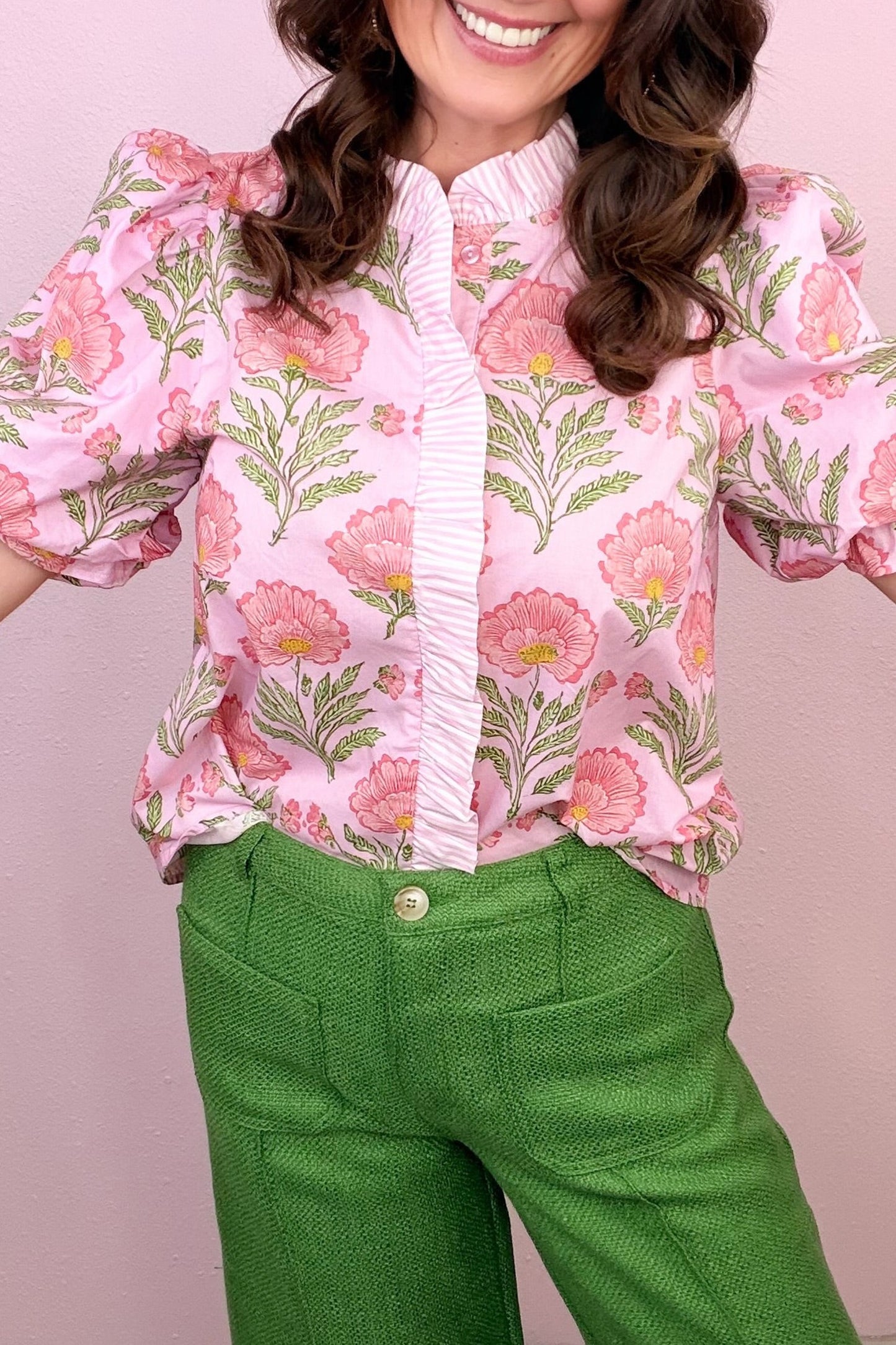 Sweet Blooms Ruffle Striped Trim Top