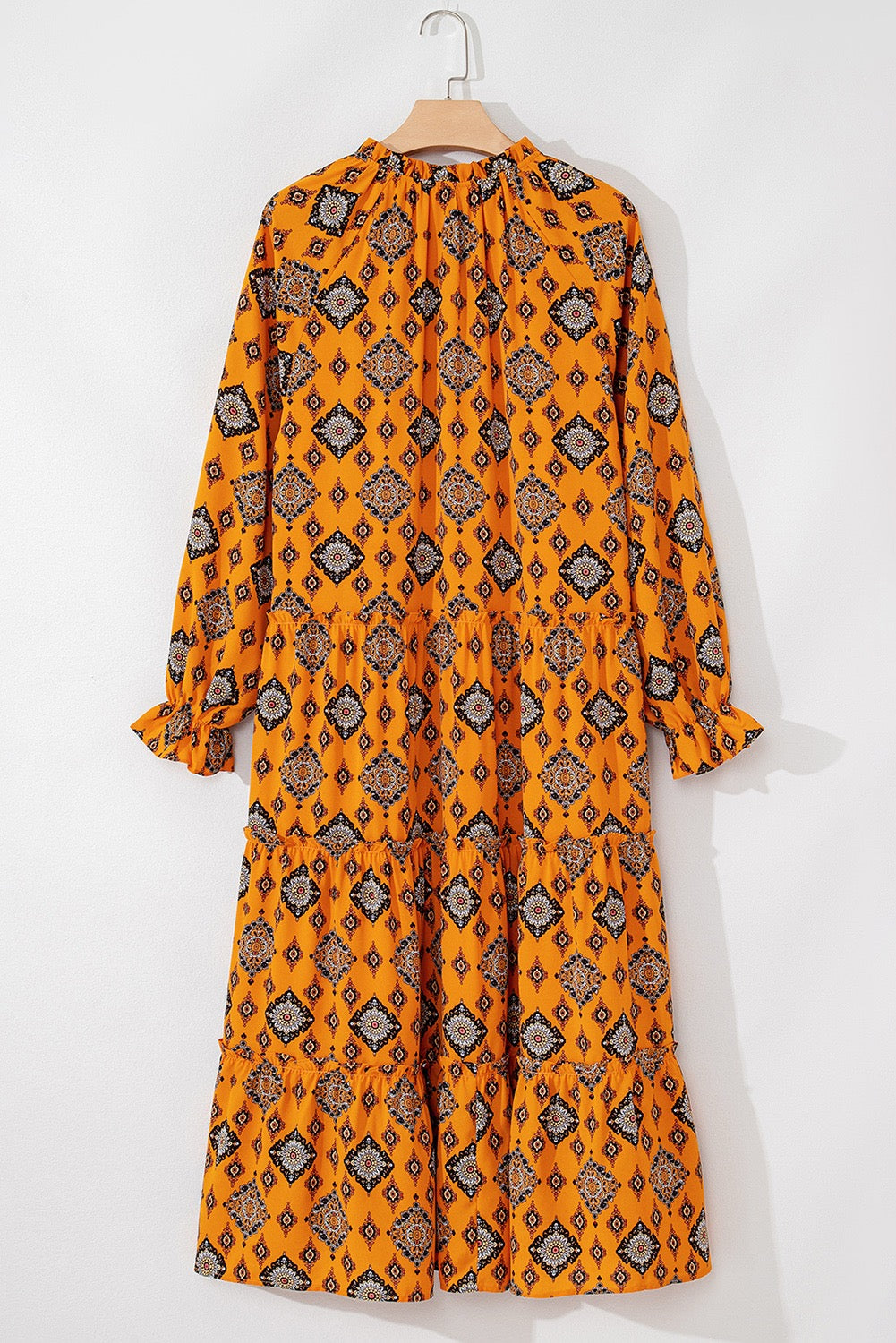 Orange Geometric Print Tiered Frilled Loose Fit Midi Dress