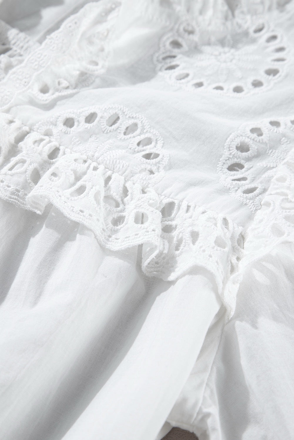 White Embroidered Lace Patchwork Tie Neck Puff Sleeve Shirt