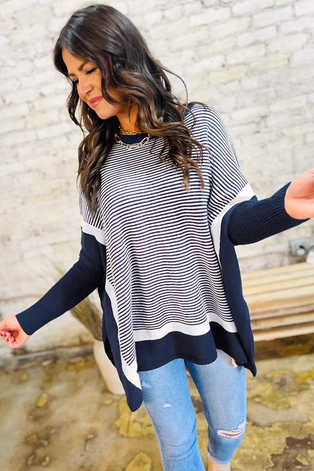 Blue Stripe Color Block Patchwork Dolman Oversize Tunic