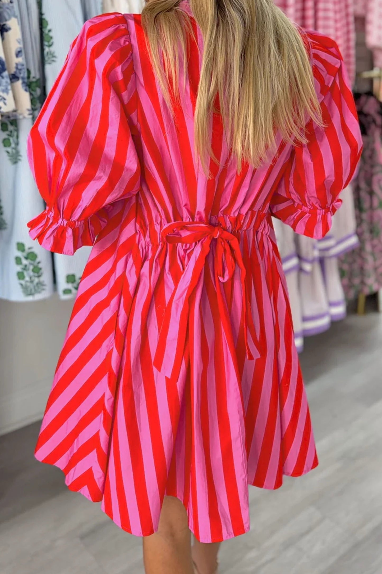 Red Stripe Half Button Puff Sleeve Dress