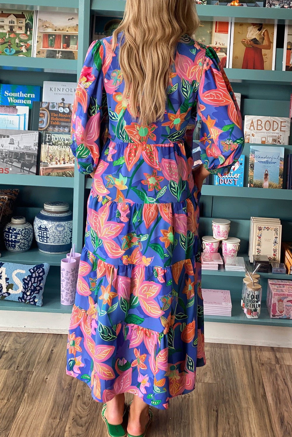 Blue Floral Print 3/4 Sleeve V Neck Tiered Dress