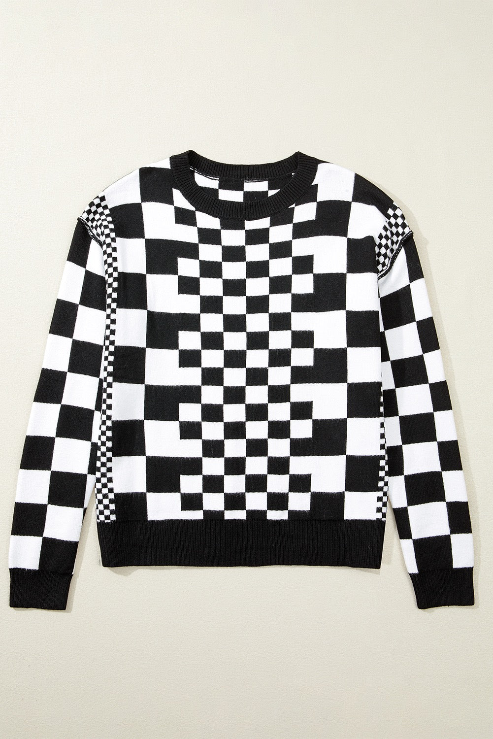 Black Checkered Round Neck Sweater