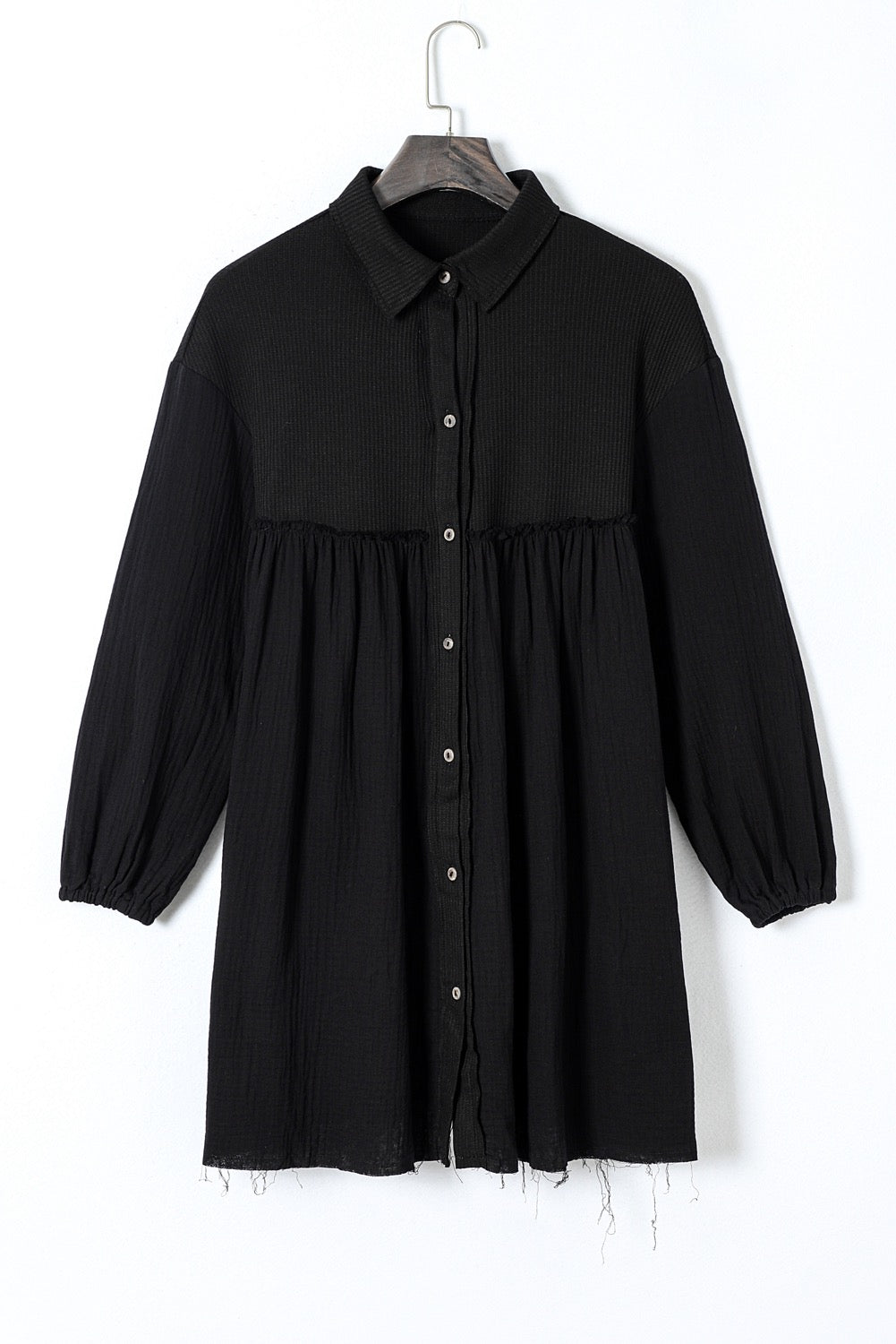 Black Long Sleeve Crinkle Puff Sleeve Shirt Dress