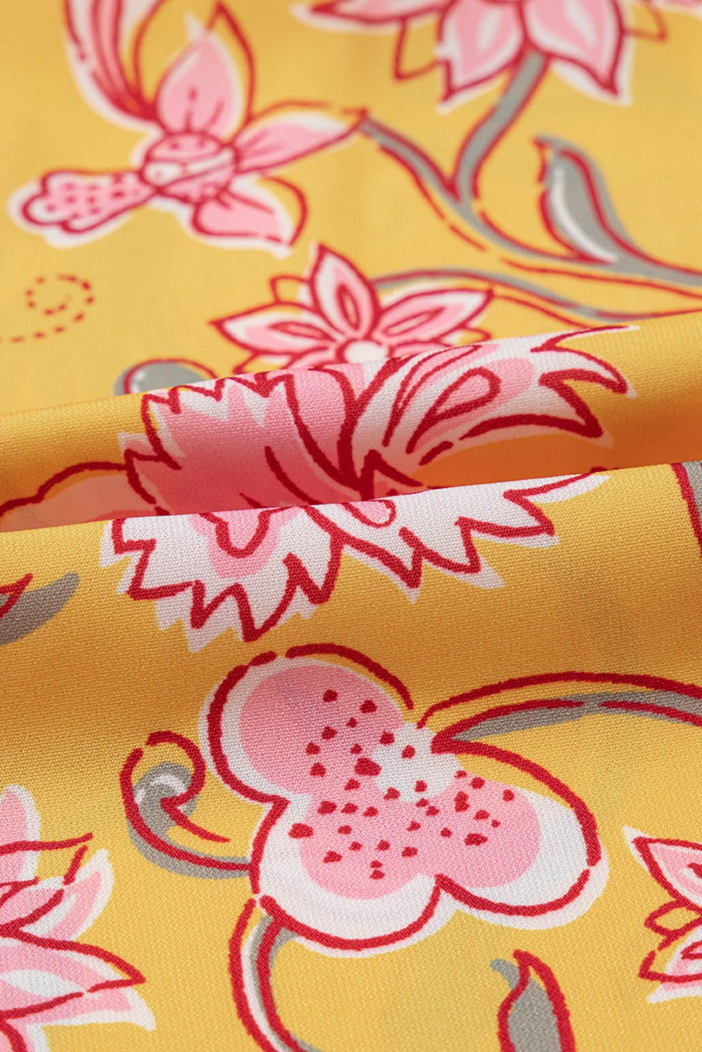 Yellow Floral Notched Neck Ruffled Sleeve Blouse