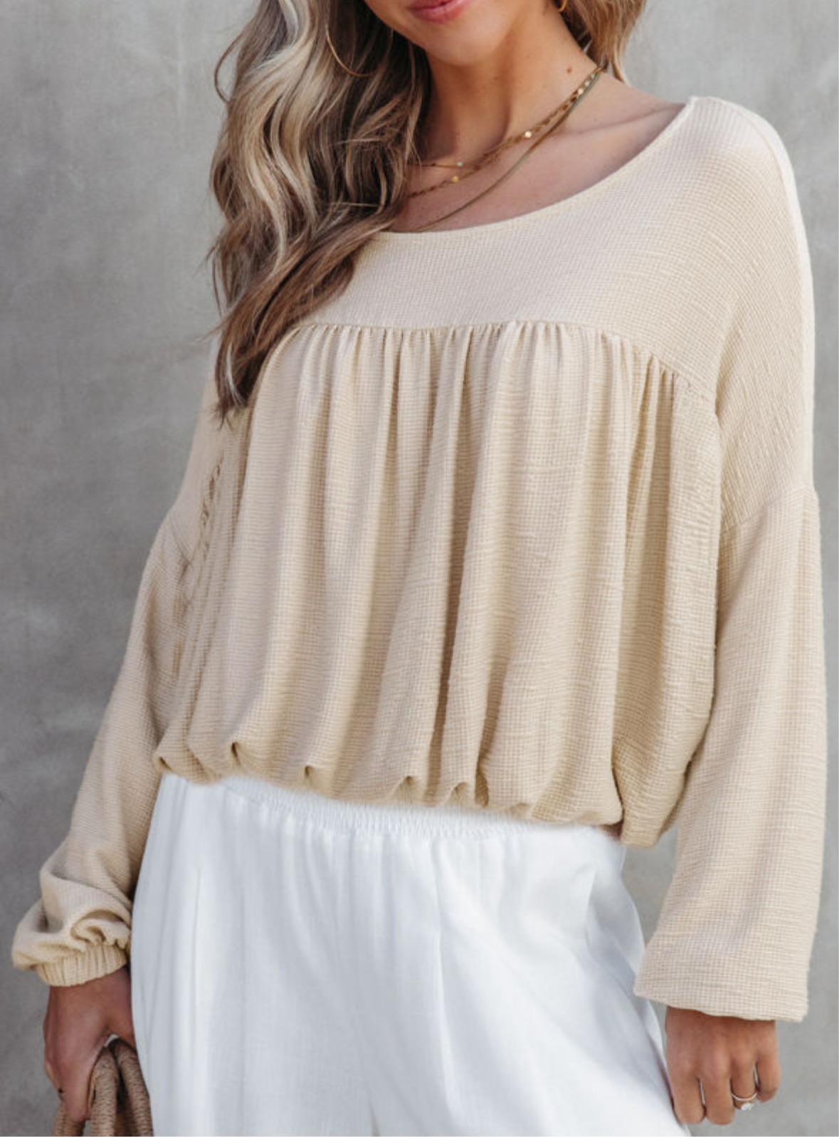 Waffle Textured Pleated Long Sleeve Top