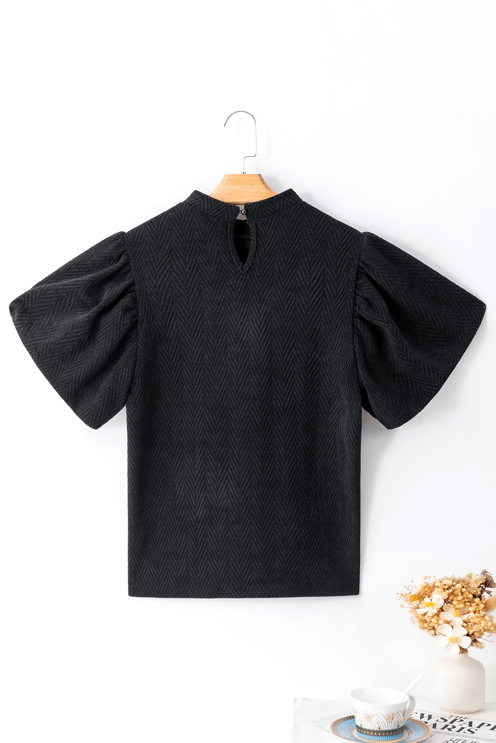 Black Textured Puff Sleeve Blouse