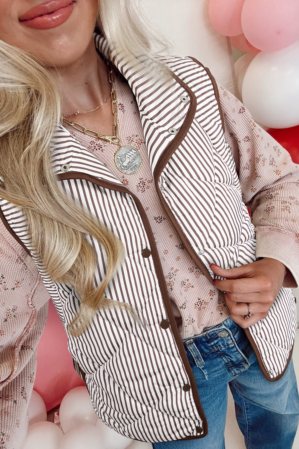 Brown Stripe Snap Button Scalloped Hem Collared Vest