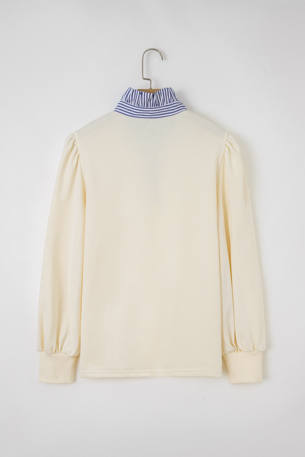 White Button Striped Collar Patchwork Puff Sleeve Sweatshirt