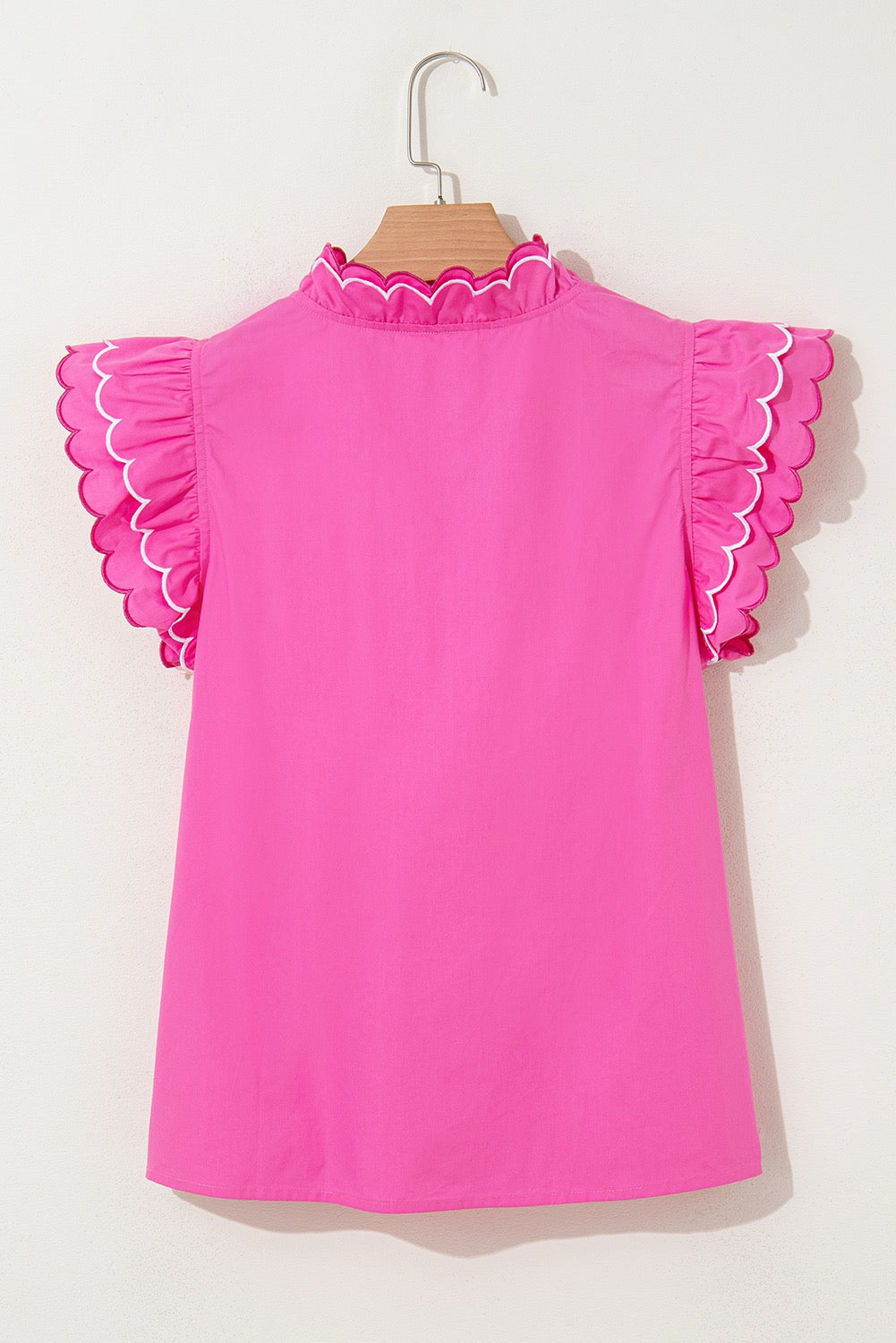 Bright Pink Contrast Scallop Trim Layered Short Sleeve Blouse