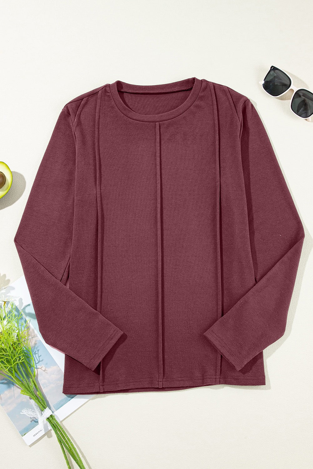 Maroon Solid Exposed Seam Crew Neck Long Sleeve Top