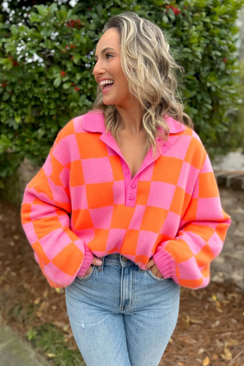 Pink Checkered Knit Baggy Sweater