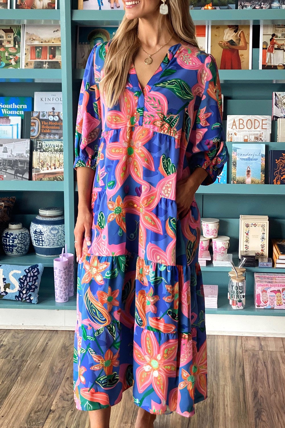 Blue Floral Print 3/4 Sleeve V Neck Tiered Dress