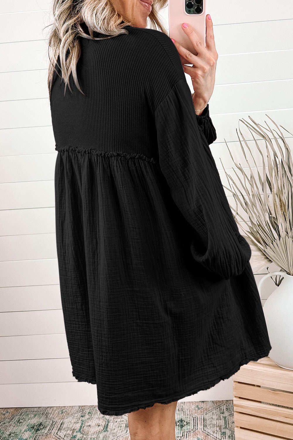 Black Long Sleeve Crinkle Puff Sleeve Shirt Dress