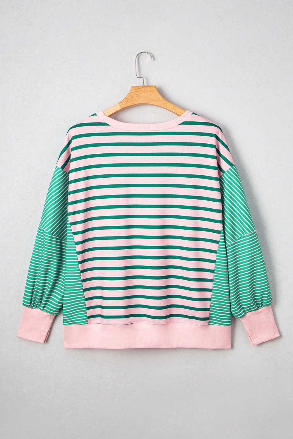 Green Stripe Color Block Exposed Seam Side Slit Sweatshirt