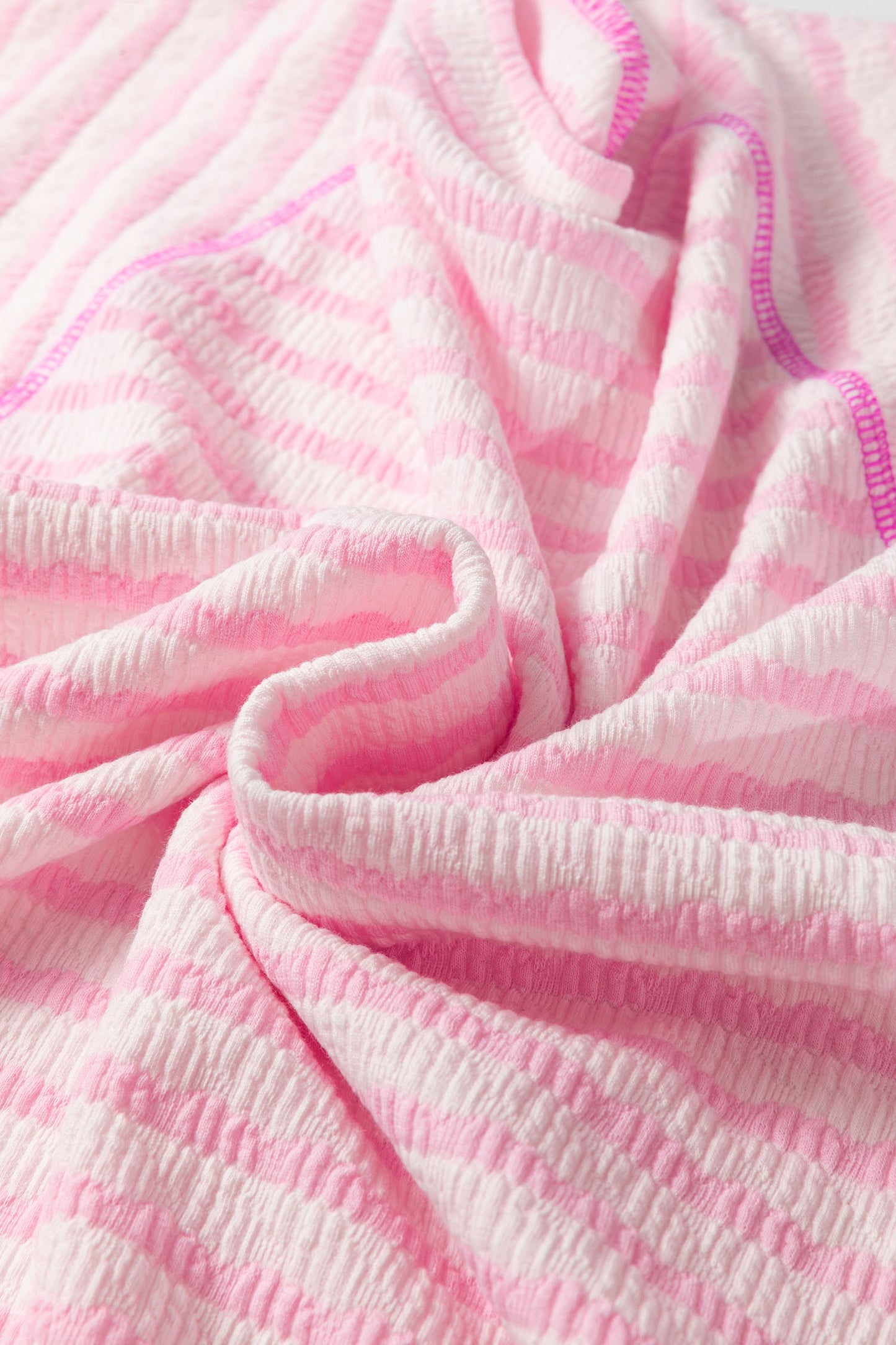 Pink Stripe Scallop Lace Trim Ruffle Short Sleeves Crewneck Top