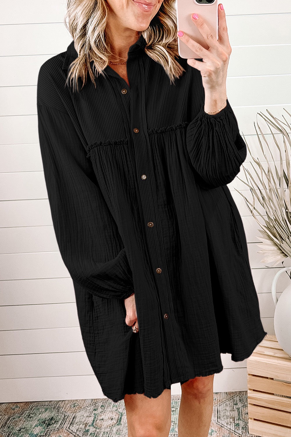 Black Long Sleeve Crinkle Puff Sleeve Shirt Dress
