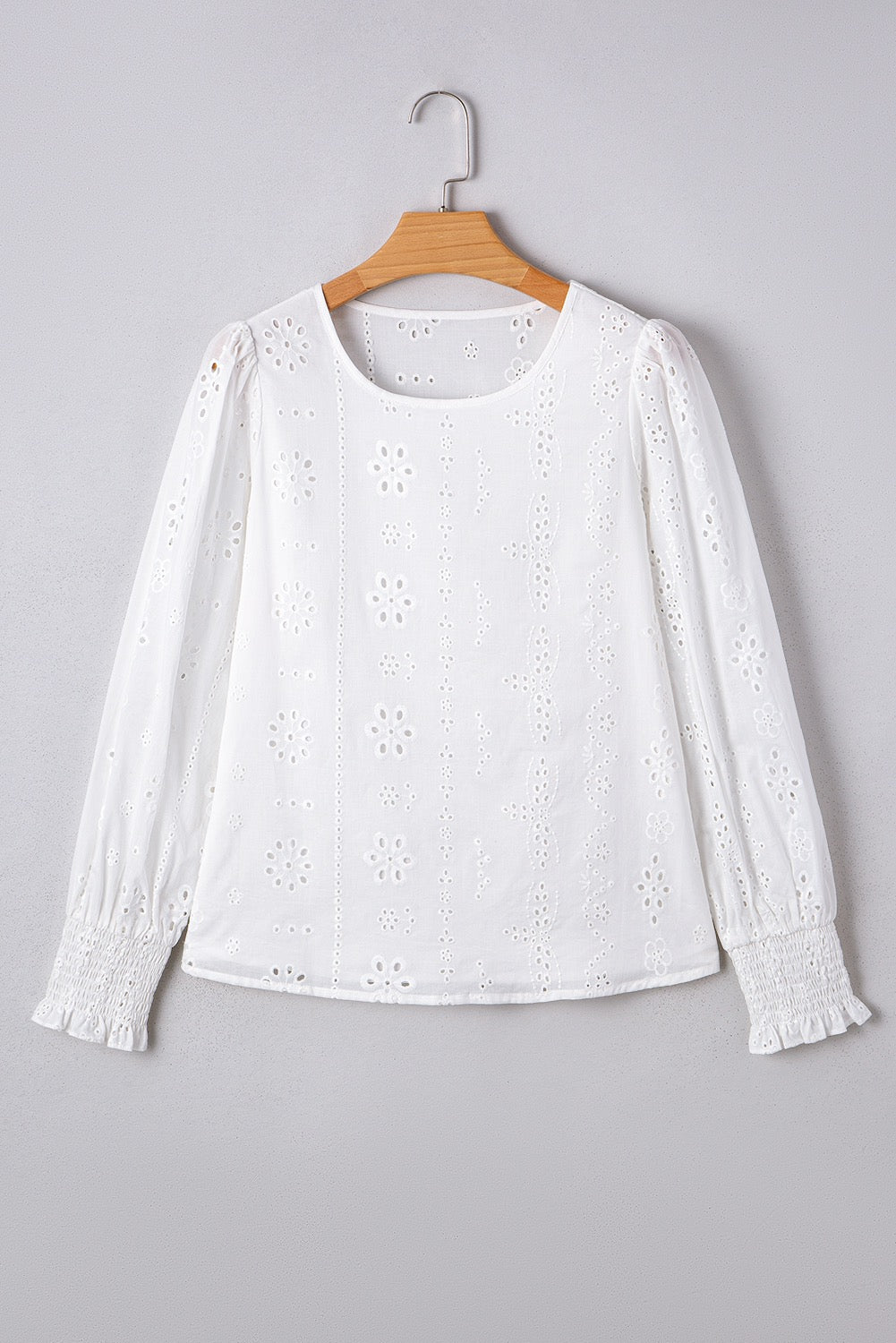 White Eyelet Embroidered Smocked Cuff Blouse