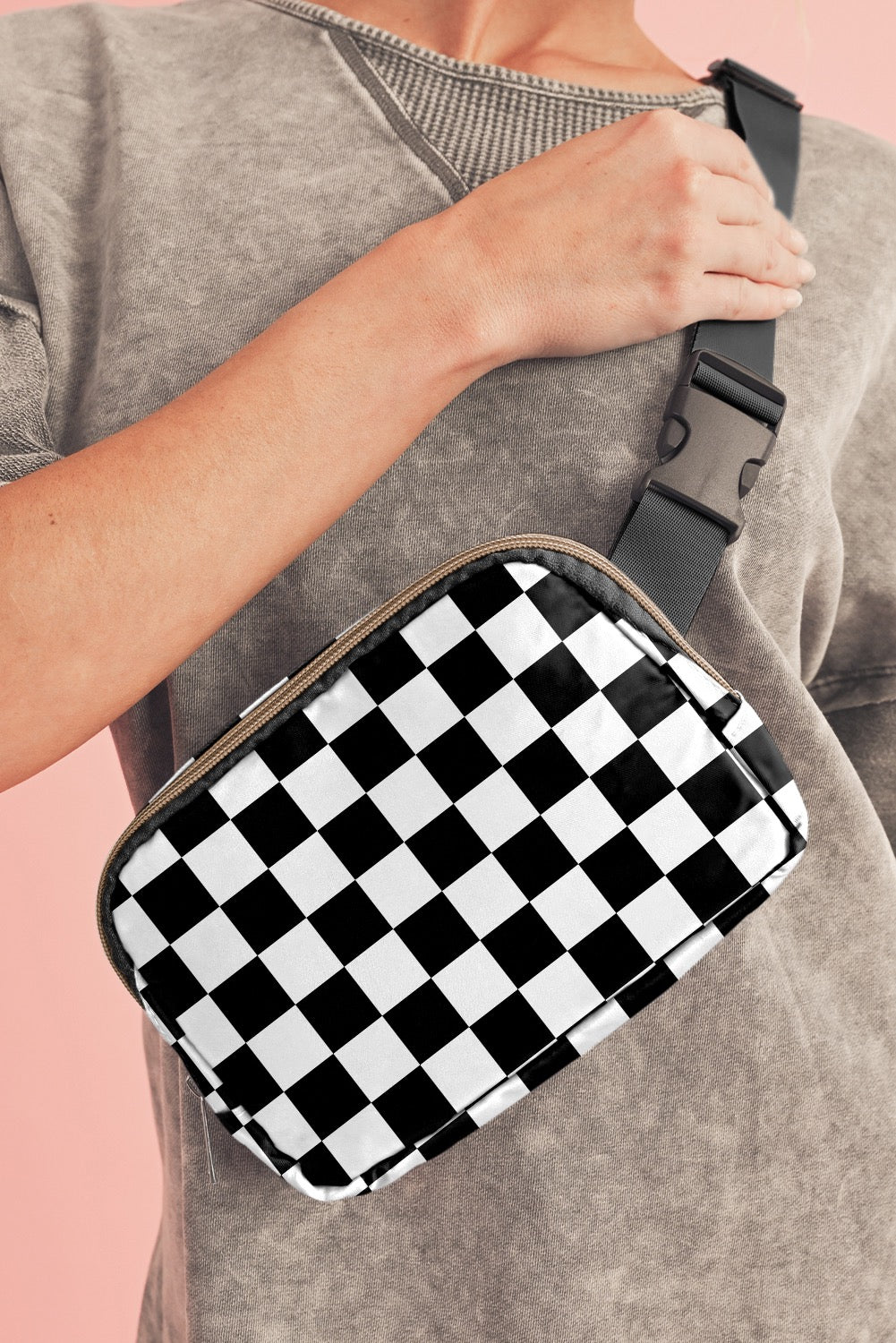 White Checkered Belt Crossbody Bag