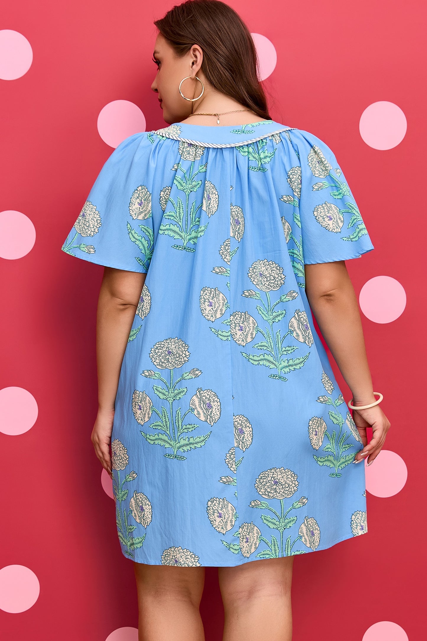 Blue Plus Periwinkle Floral Printed Short Sleeve Striped Trim Split Neck Mini Dress