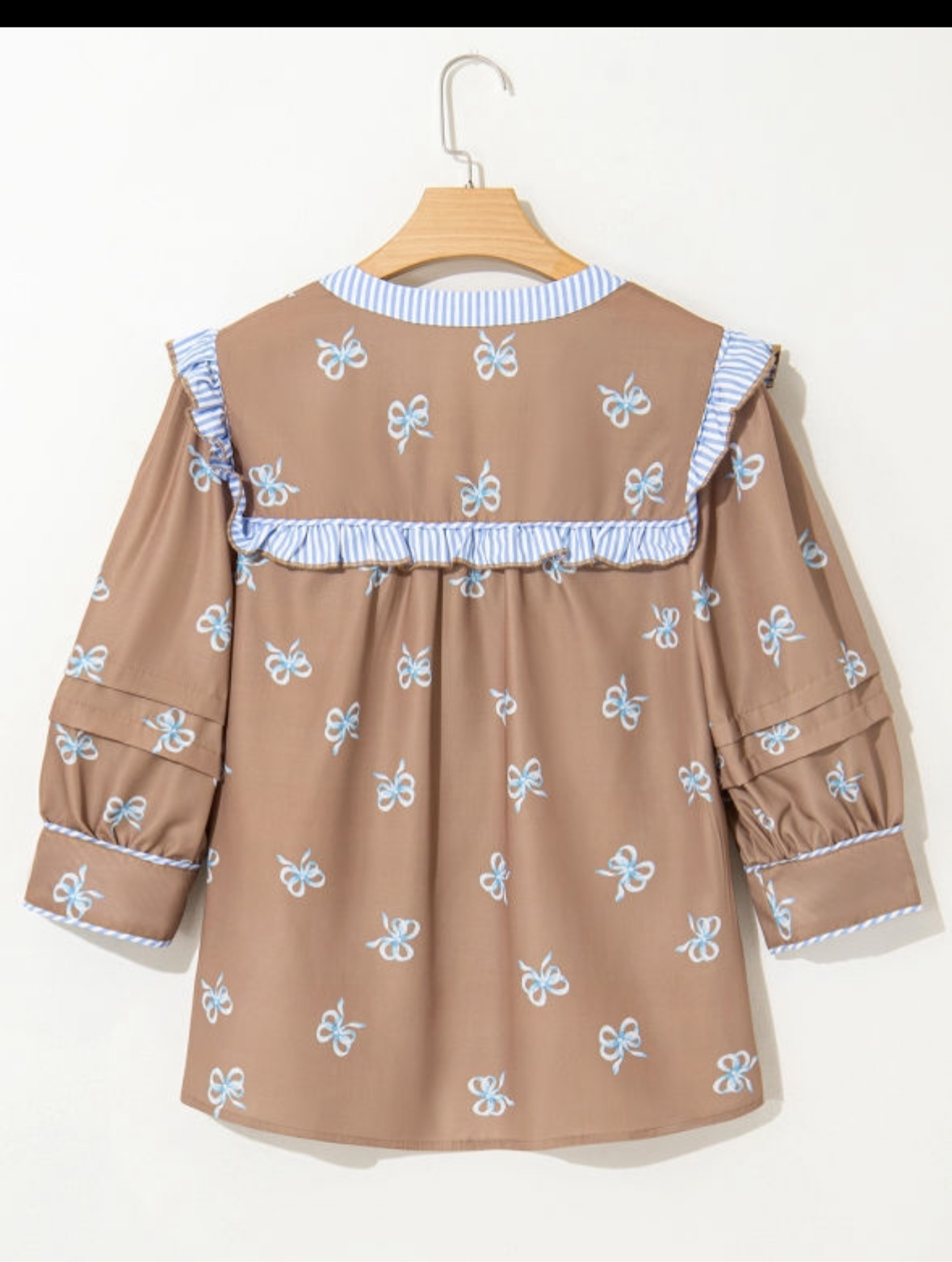 Brown Bow Print Puff Sleeve Blouse