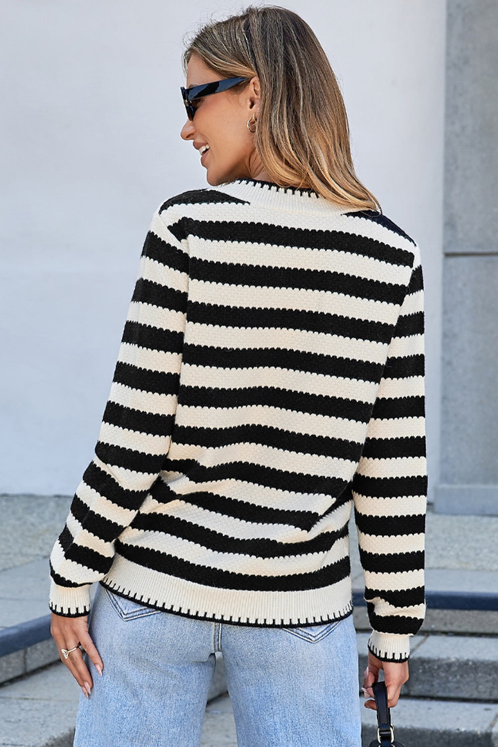 Black Stripe Chic Golden Button Cardigan