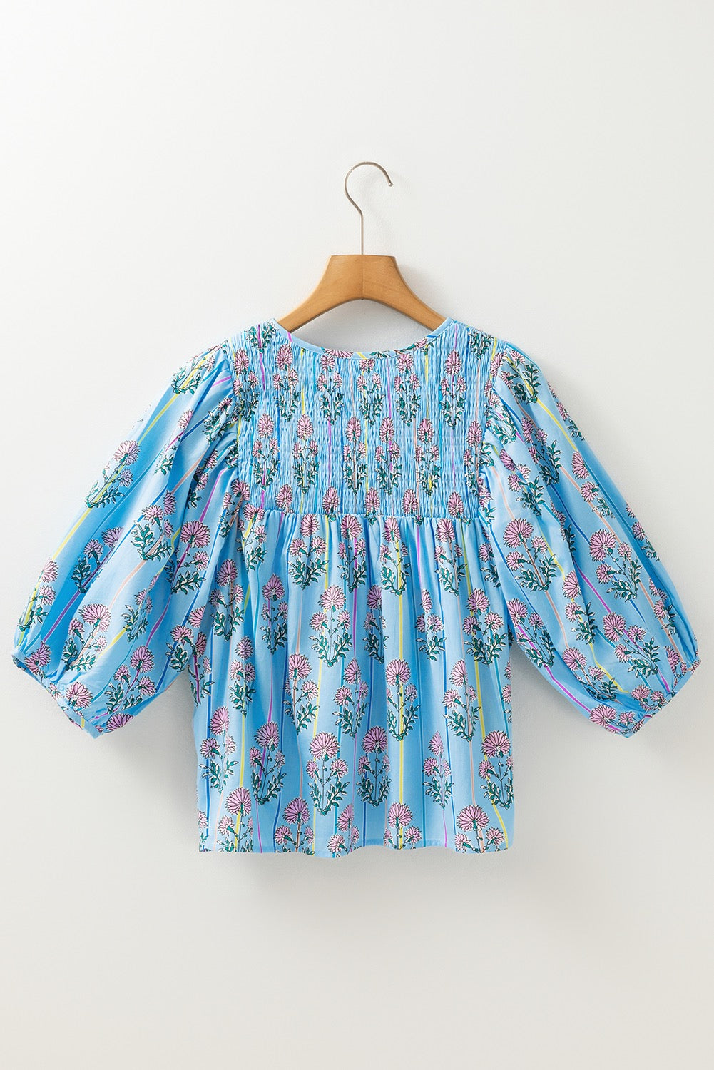 Sky Blue Floral Striped Print Shirred Yoke Split Neck Blouse