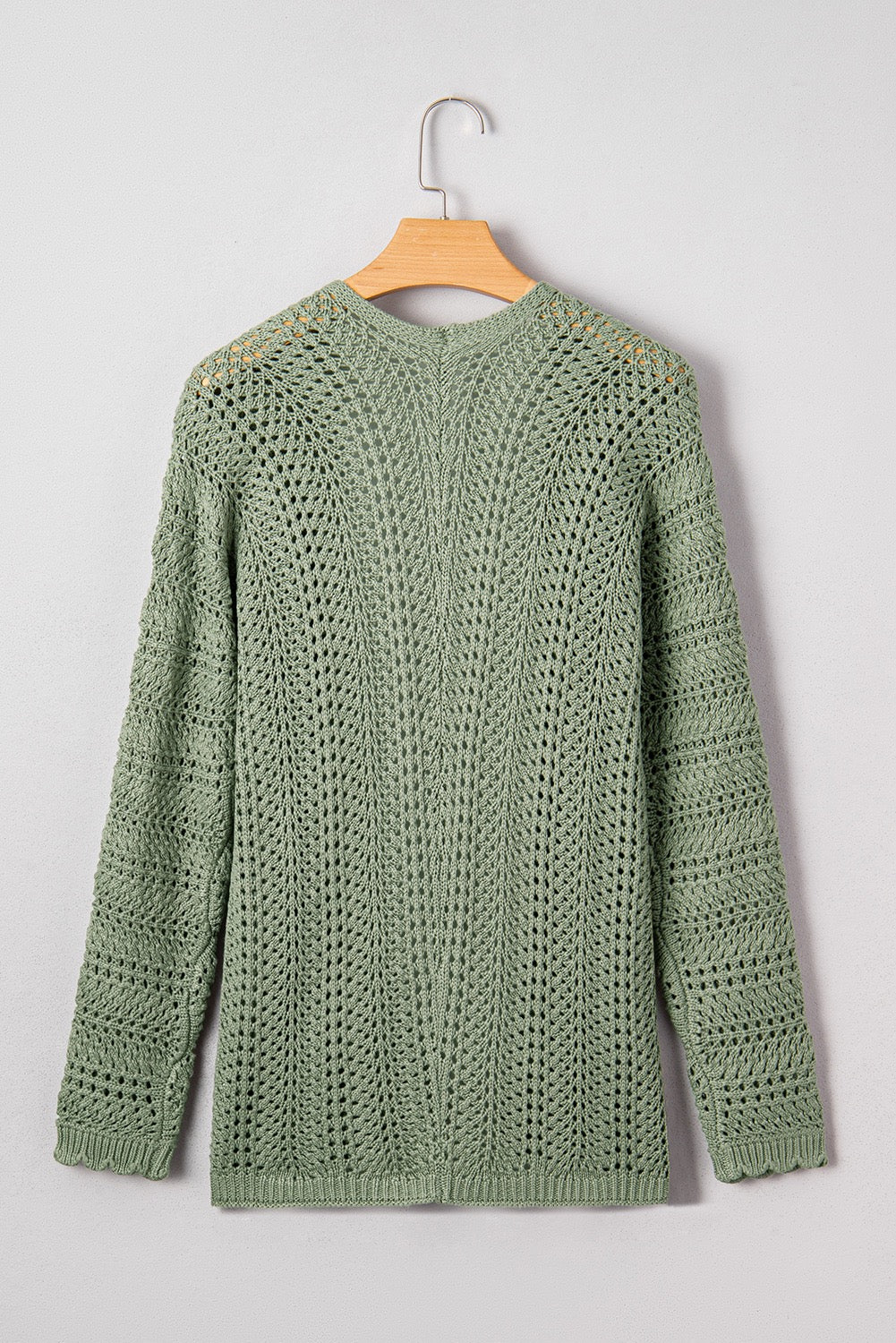 Green Scalloped Edge Eyelet Knit Batwing Sleeve Cardigan