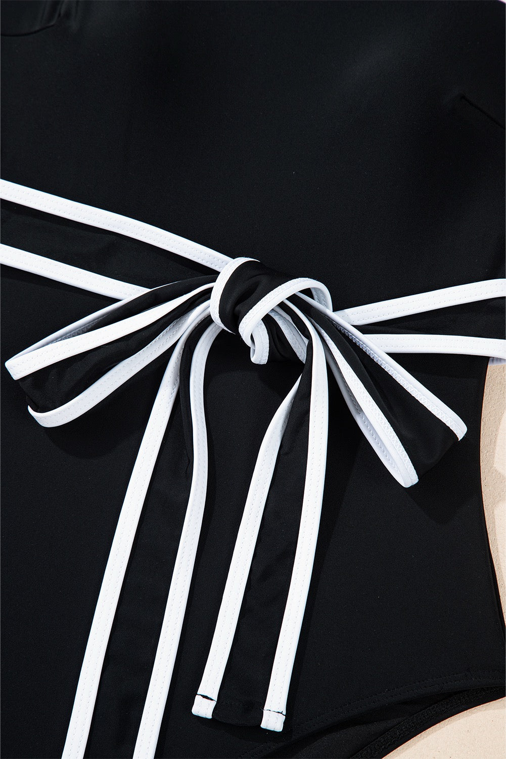 Black Contrast Belted One Piece