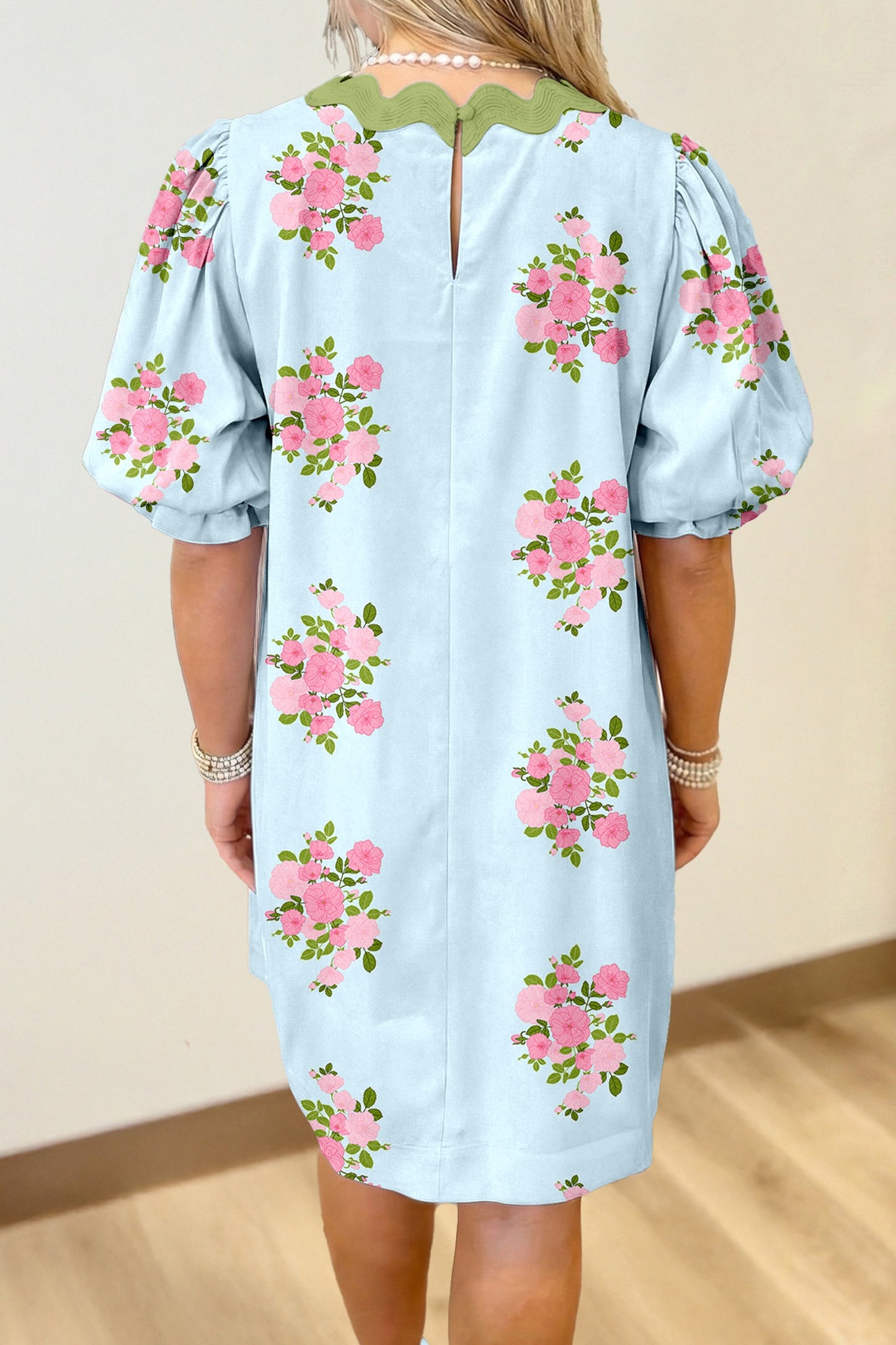 Blue Floral Printed Contrast Ricrac Detail Bubble Sleeve Dress