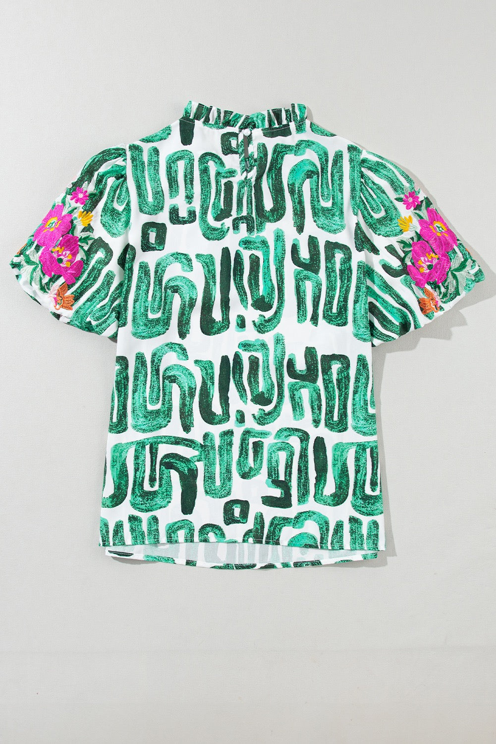 Green Embroidered Puff Sleeve Top