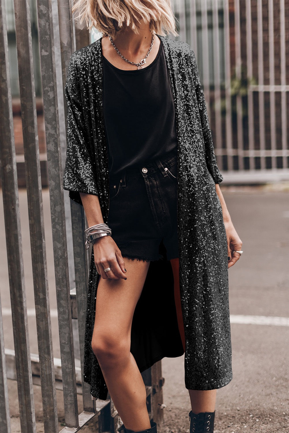 Black 3/4 Sleeve Sequined Duster