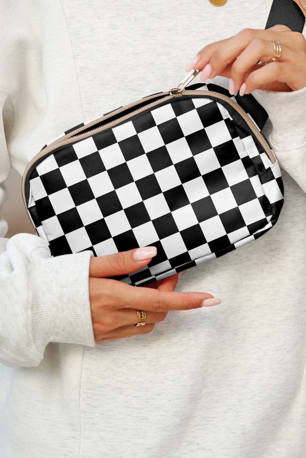 White Checkered Belt Crossbody Bag