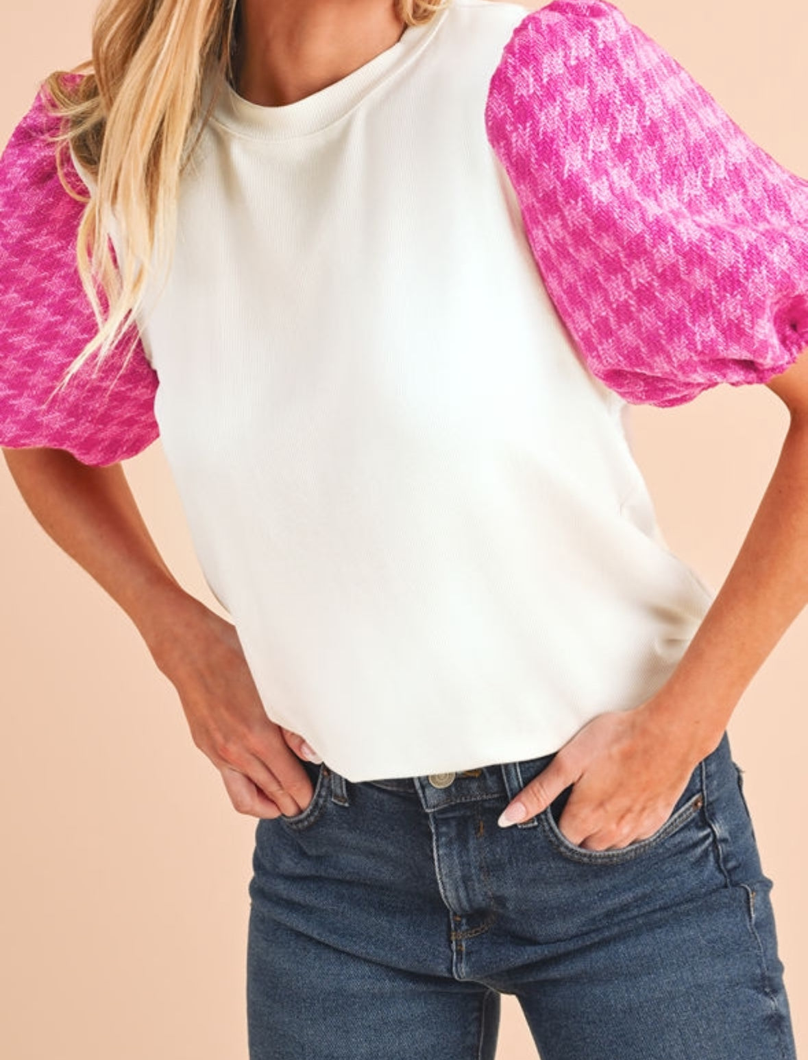 White Tweed Lantern Sleeve Blouse