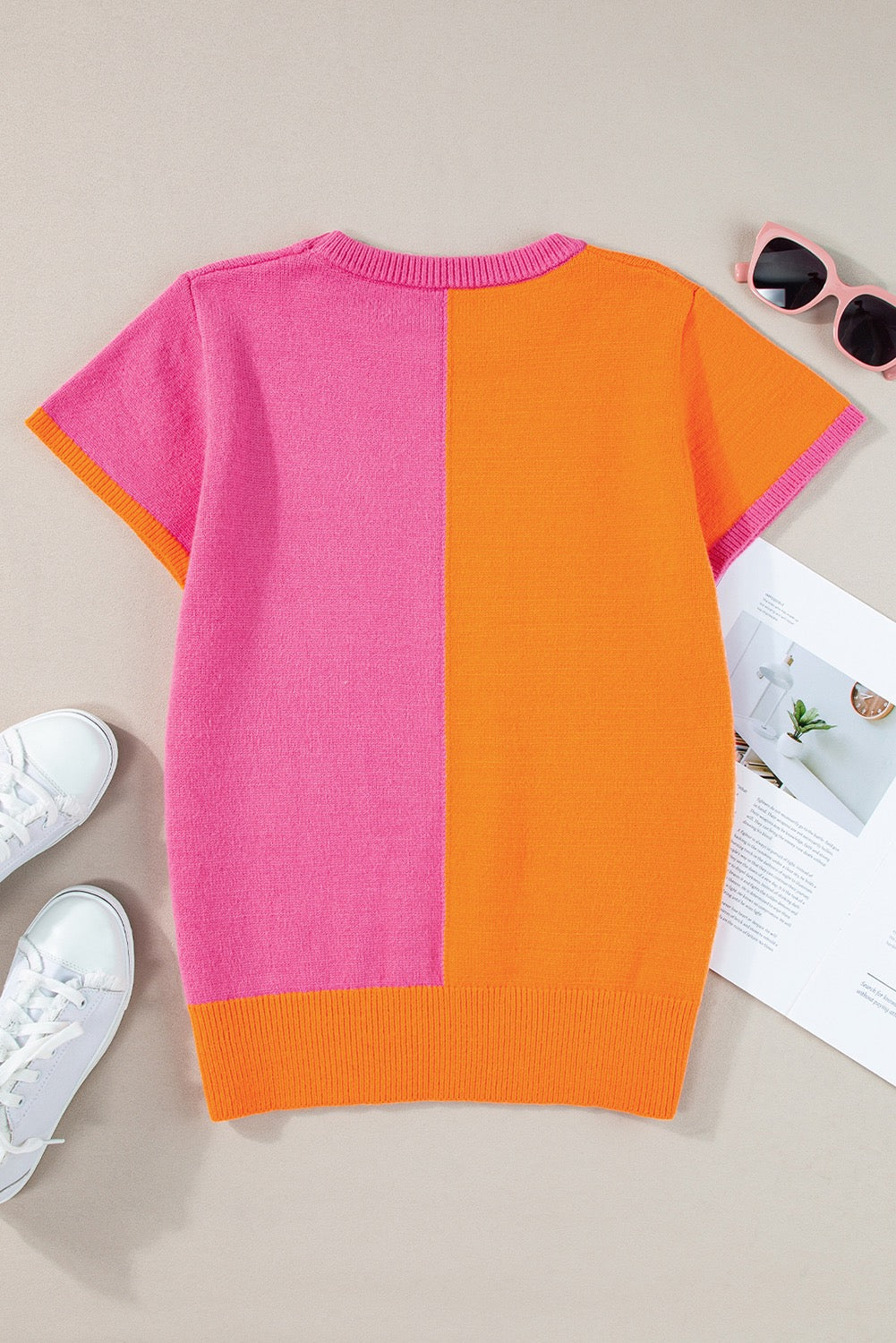 Two Tone Color Block Cap Sleeve Sweater Top