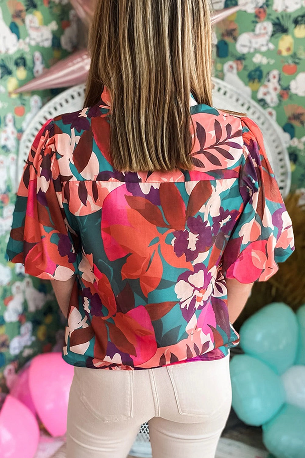 Red Floral Notched V Blouse