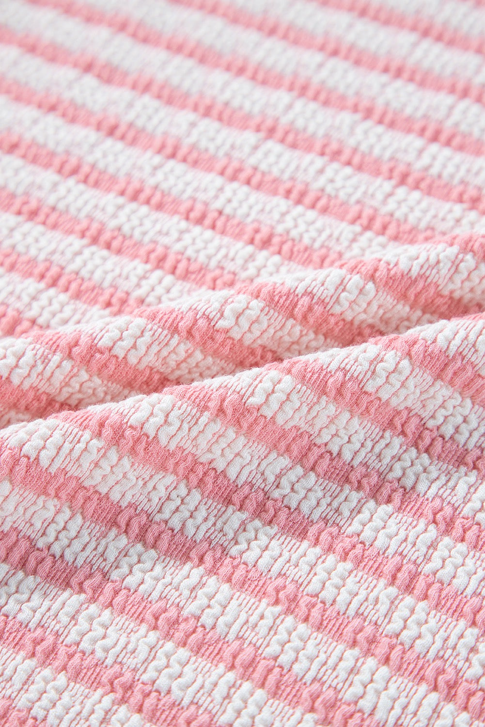 Pink Stripe Textured Puff Sleeve Crewneck Tee