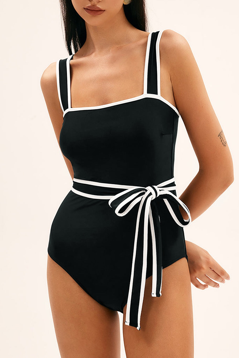 Black Contrast Belted One Piece