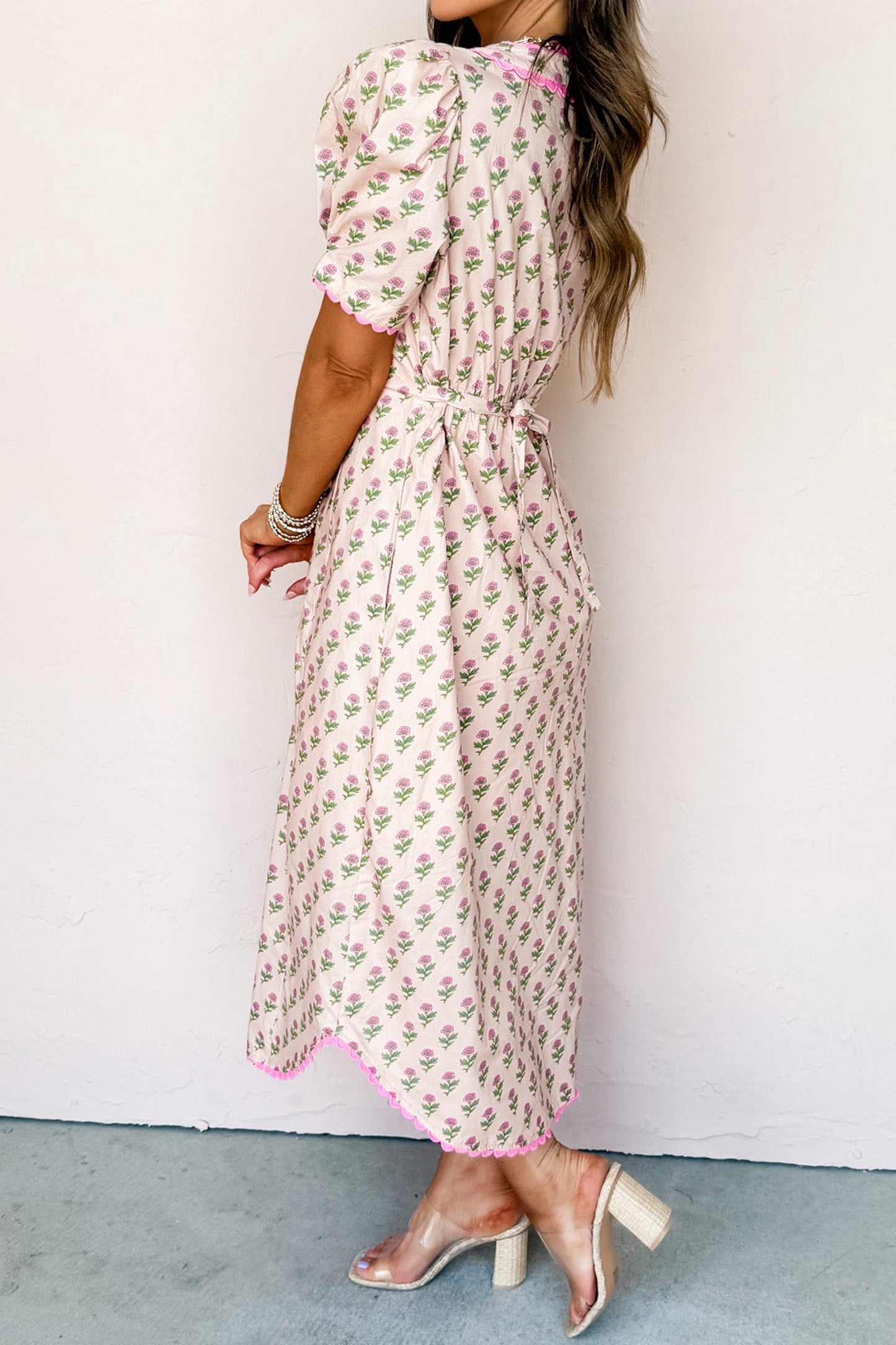 Pink Floral Print V Neck Scallop Trim Button Front Short Sleeve Maxi