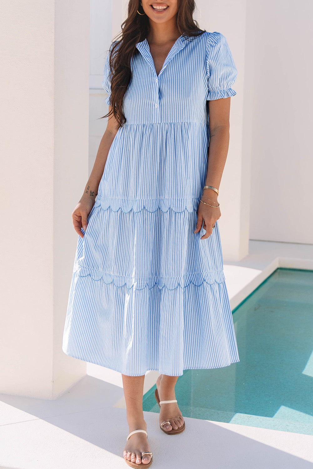 Sky Blue Stripe Bubble Sleeve Scallop Tiered Dress