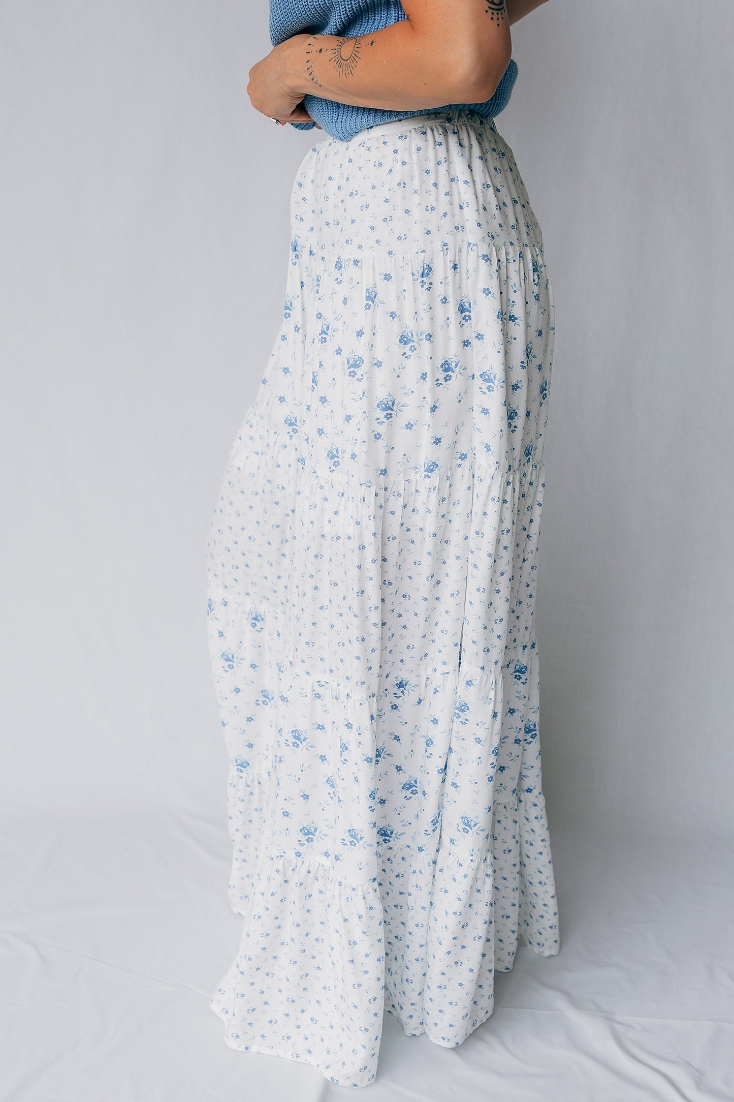 Blue High Waist Tiny Floral Print Boho Maxi Skirt